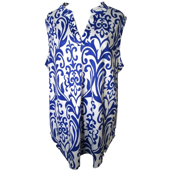 Halife Batik Blue White Sleeveless Top XL Collared Polyester Spandex 28-395 - Picture 1 of 11